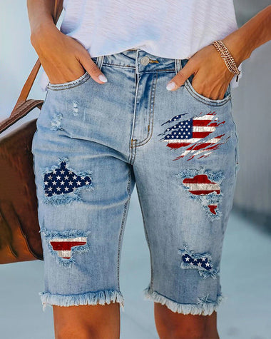 Independence Day Knee-Length Denim Shorts Flag Frayed Ripped Distressed Stretch Jeans