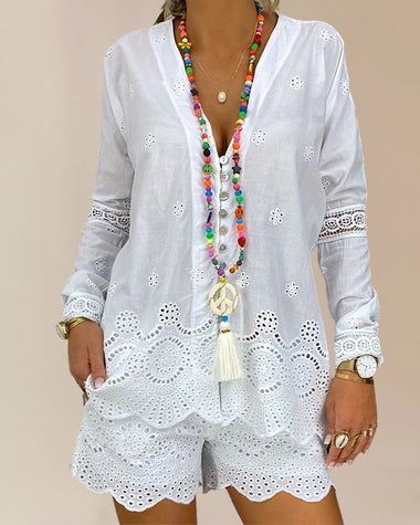 Solid Color Two Piece Sets Hollow Out Design Button Embroidery Decor V-Neck Long Sleeve T-Shirts+Shorts