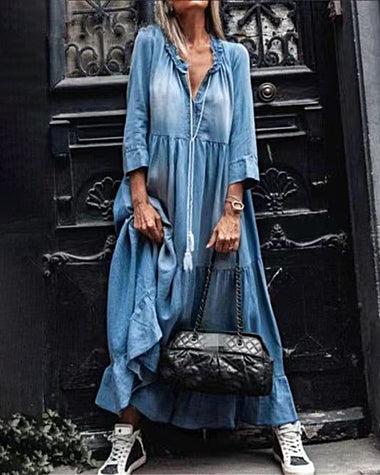 V Neck Ruffle Faux Denim Maxi Dress Plus Size Casual 3/4 Seeve Flowy Tiered Long Dresses