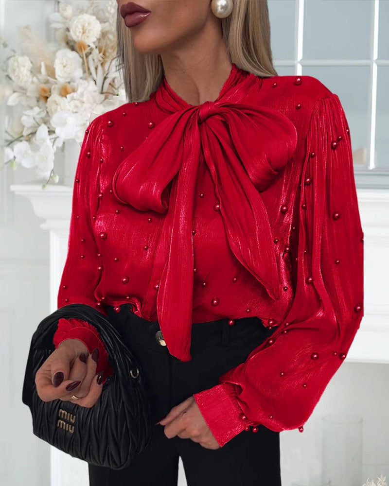 Elegant Pearl Embellished Bow Tie Shirt