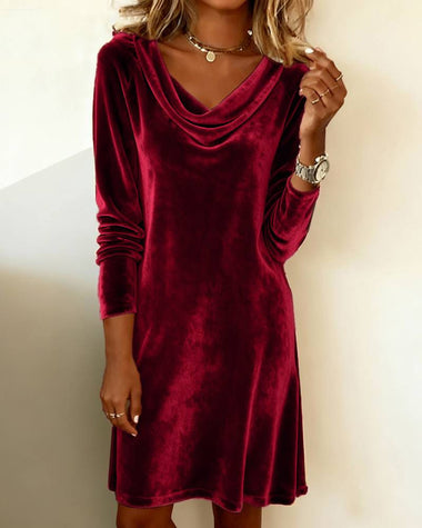 velvet cowl neck dress Long Sleeve Mini Gold / S back fastening Velvet A-Line Cowl Neck Sleeveless