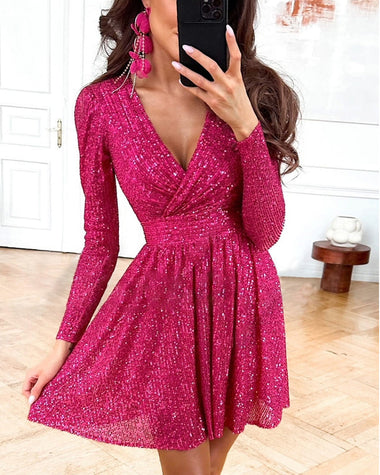 casual glitter dress Demure Long Sleeve Open Back Dress Sequin Grey/Silver