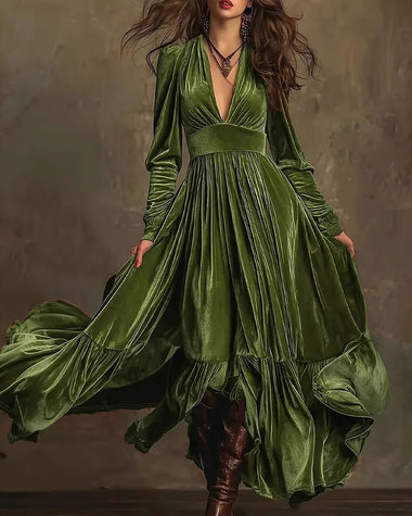 Fashionable Velvet Ruffled Hem Maxi Dress