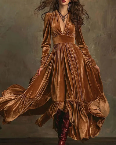 Fashionable Velvet Ruffled Hem Maxi Dress