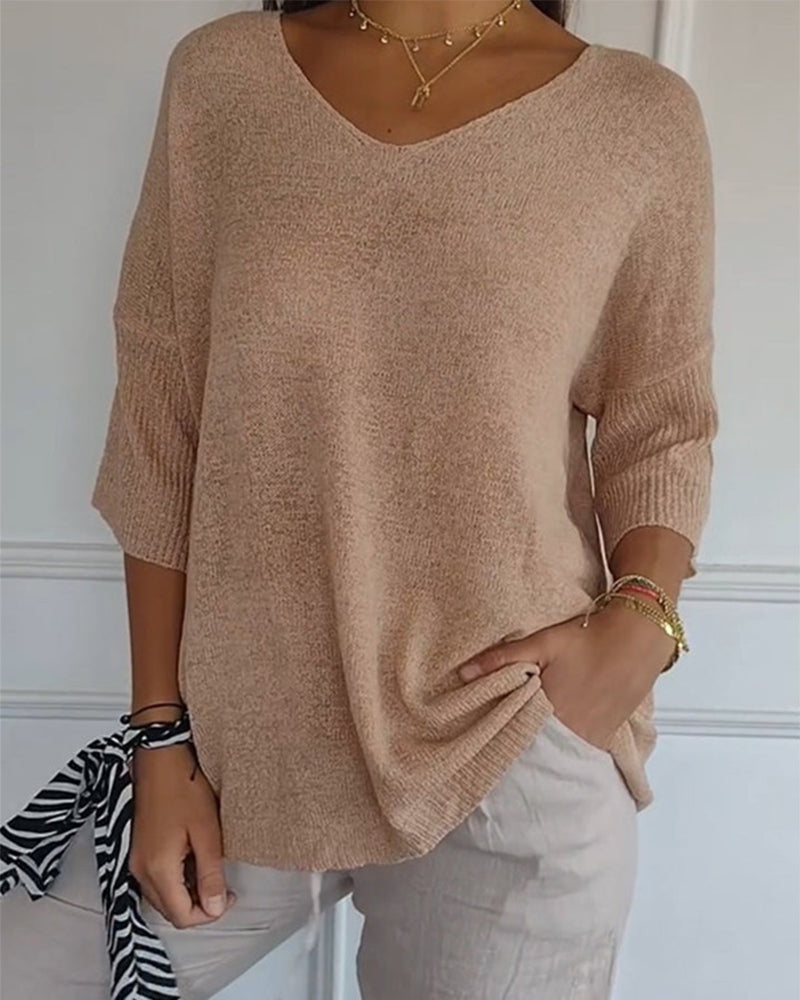 Soft Knit 3/4 Sleeve V-neck Pullover Sweater