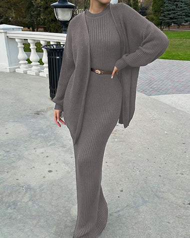 knit dress and cardigan set Simply You Mini Dress and Cardigan Set - Taupe