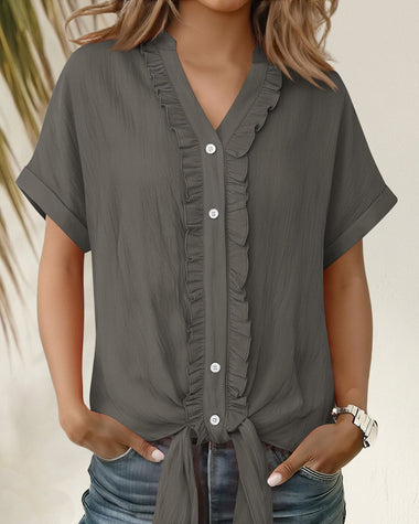 Short Ruffle Shirt Casual Ruffled Trim Short Sleeve Shirt – ZEAGOO
