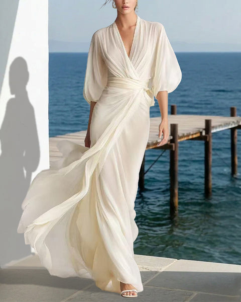 Flowy Layered Lantern Sleeves Maxi Dress