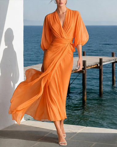 Flowy Layered Lantern Sleeves Midi Dress