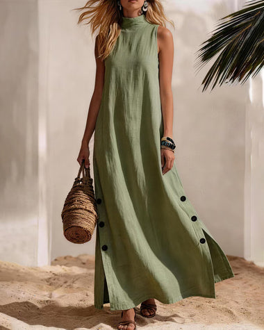 maxi dress 100 cotton Resort 100% Cotton Sleeveless Maxi Dress with Button Accents Apricot / L