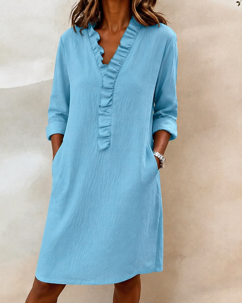 Casual Ruffle Trim Knee Length Dress with Pockets