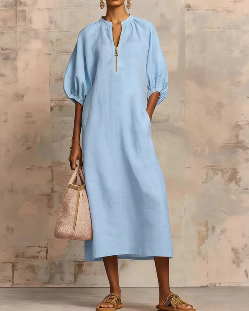 Casual Daily Loose Fit Puff Sleeve Dress with Pockets