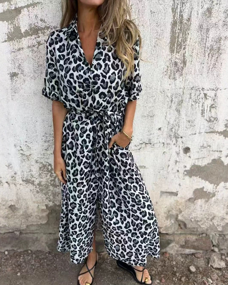 Fashion Casual Leopard Print Twist Waist Shirt Dress