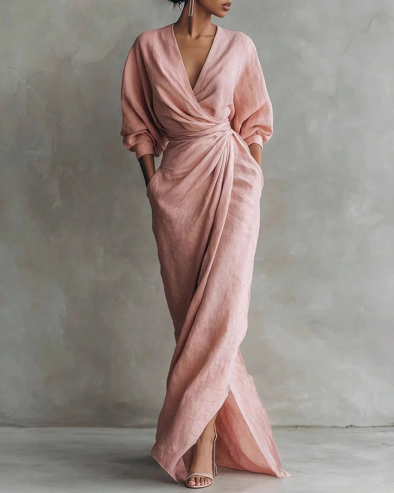 Minimalist V-Neck Long Sleeve Maxi Wrap Dress