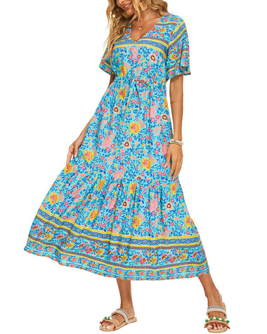 Zeagoo Women's V Neck Bohemian Dress Floral Printed Maxi Dress Short Sleeve Beach Party Dress