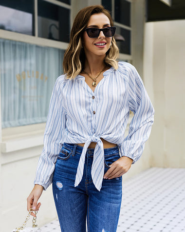 Womens Button Down V Neck Tie Knot Front Tops Cotton Long Sleeve Casual Blouse Shirts - Zeagoo (Us Only)