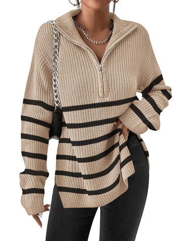Zeagoo Women's Fashion 2023 Fall Quarter Zip Pullover Long Sleeve Oversized Knit Sweater Tops