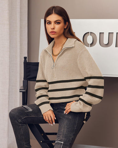 Zeagoo Women's Fashion 2023 Fall Quarter Zip Pullover Long Sleeve Oversized Knit Sweater Tops