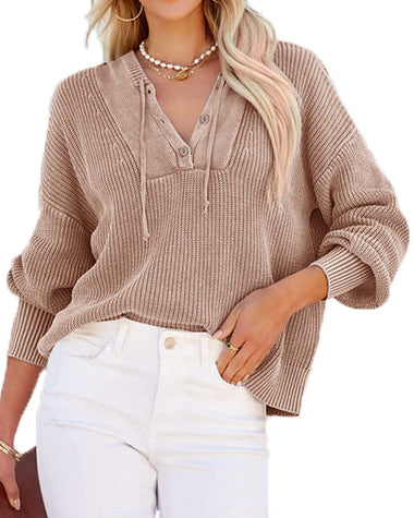 Women's Oversized Sweater V Neck Hooded Pullover Sweater Long Sleeve Knitted Jumper Tops - Zeagoo (Us Only)