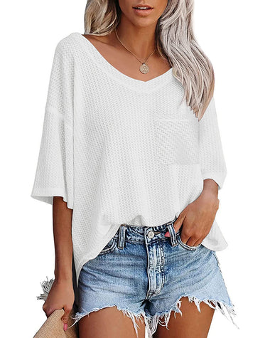 Women's Waffle Short Sleeve Top Summer Loose Blouse Casual V Neck Shirt - Zeagoo (Us Only)