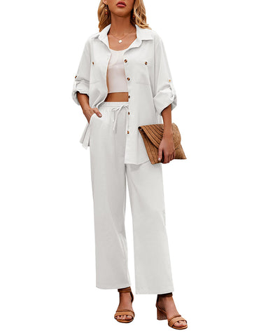 zeagoo women 2 piece linen sets 2023 button down shirt and drawstring long pants set summer outfits