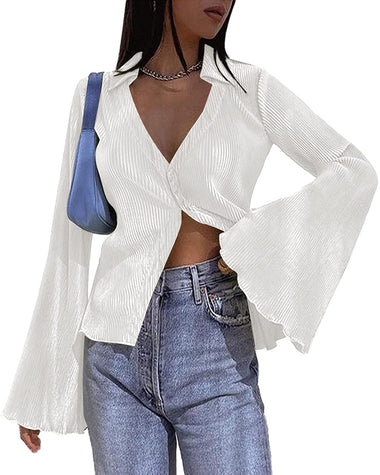 Women's Deep V Neck Shirt Button Front Blouse Bell Long Sleeve Tops - Zeagoo (Us Only)