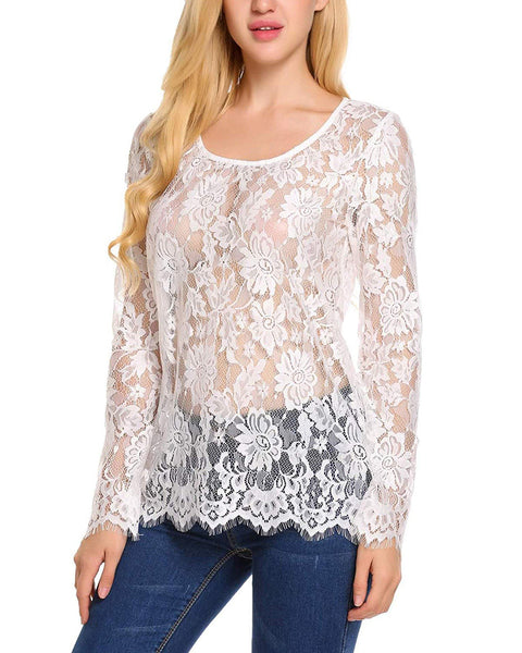 zeagoo womens long sleeve sexy sheer floral lace blouse top s 3xl