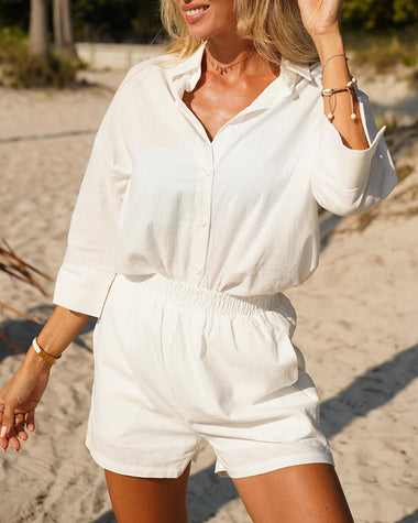 Women Linen Sets 2 Piece Summer Outfits Beach Linen Shirt Elastic Wais –  Zeagoo
