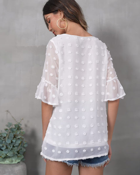 zeagoo womens swiss dot tops v neck short sleeve chiffon blouse 3 4 ruffle pom pom shirt