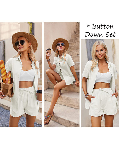 Women 2 Piece Linen Set Outfit Summer Button Down Casual Lounge Beach Set - Zeagoo (Us Only)