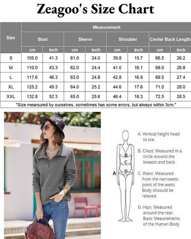 Womens Quilted Sweatshirts Quarter Zip Pullovers Lightweight Long Sleeve Stand Collar Tops with Kangaroo Pocket - Zeagoo (Us Only)