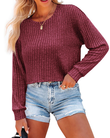 Zeagoo Long Sleeve Crop Tops for Women Trendy Loose Ribbed Knit Cropped T-Shirts Round Neck Casual Pullover Sweater