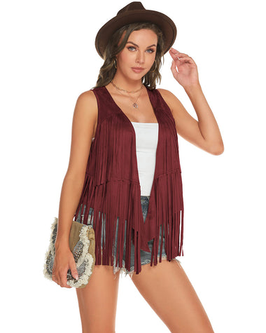 Women's Tassel Sleeveless Vest 70s Outfits for Women Hippie Clothes Fringe Jacket Cardigan S-XXL - Zeagoo (Us Only)