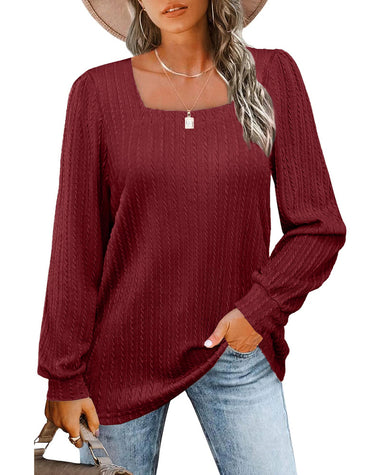 Zeagoo Tunic Tops for Women Loose Fit Dressy Square Neck Long Sleeve Shirts Rib Kint Pullover Blouses