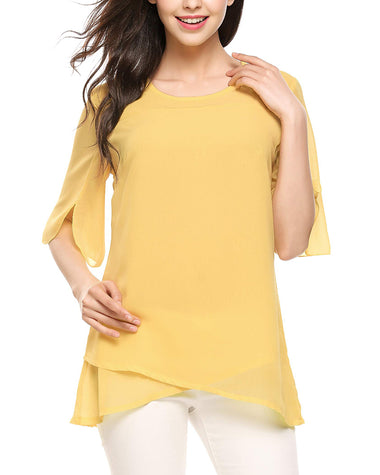 Womens Casual Scoop Neck Loose Top 3/4 Sleeve Chiffon Blouse Shirt Tops - Zeagoo (Us Only)