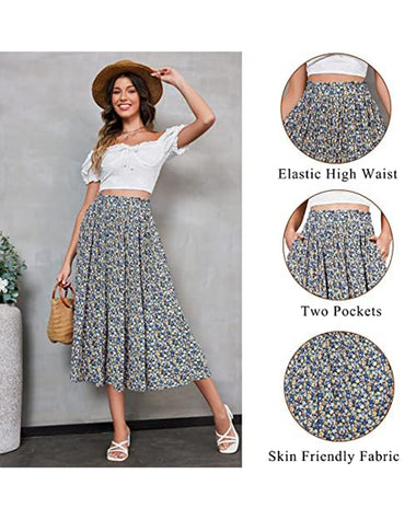Women's Midi Skirts Elastic High Waist Skirt Polka Dot Casual Pleated Skirt with Pockets - Zeagoo (Us Only)