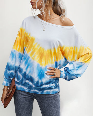 casual long sleeve o neck gradient contrast color top pullover sweatshirt tops