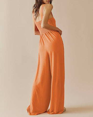 Spaghetti Strap Jumpsuit Casual Sleeveless Ruffled with Pockets High Waist Loose Wide Leg Pants Romper
