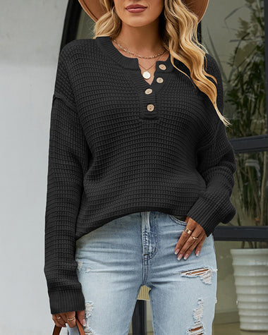 Waffle Knit Long Sleeve Side Slit Button Pullover Jumper Sweater