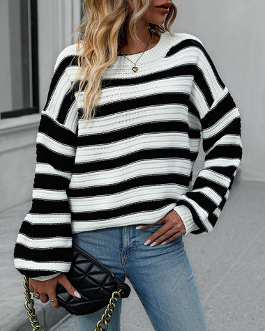 Striped Sweater Women Knitted Crew Neck Pullover Sweater