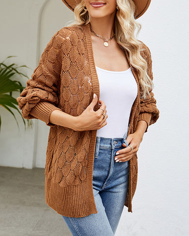 Solid Color Hollowed Out Knitted Cardigan Loose V-Neck Long Sleeved Cardigan Top