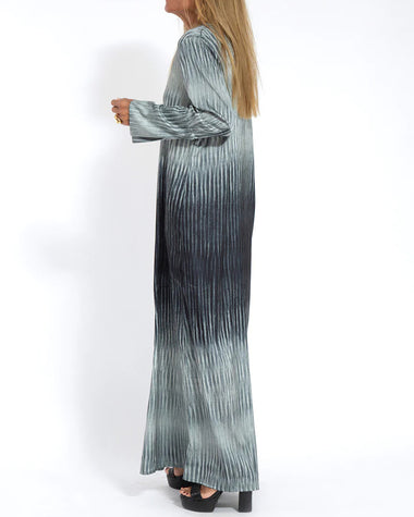 Ombre Print Long Sleeve Pleated Long Dress