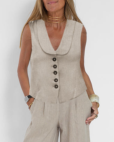 effortlessly chic two pieves lapel sleeveless vest and wide leg pants set