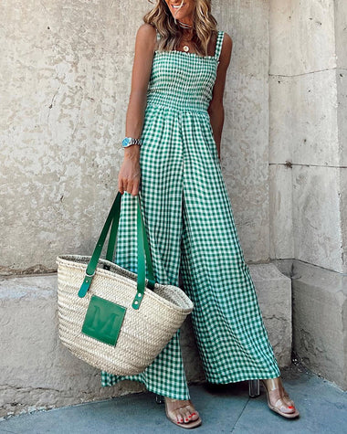 Casual Plaid High Waisted Pants Suspender Jumpsuits Overalls