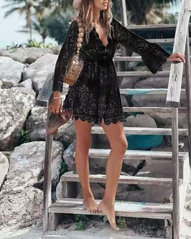 V Neck Lace Dress Hollow Crochet Pool Swim Beach Bikini Cover-ups Mini Dress