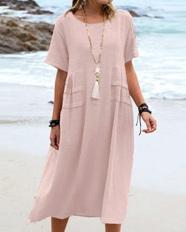 Solid Color Round Neck Short Sleeve Midi Dress Summer Holiday Casual Maxi Sundress