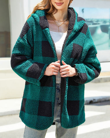 Plaid Oversized Casual Open-Front Double-Layered Fleece Coat