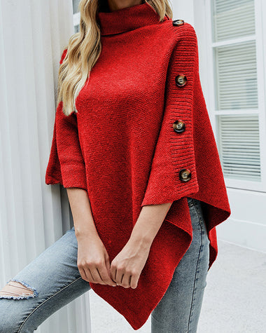 Button Detail Turtleneck Batwing Sleeve Knit Poncho