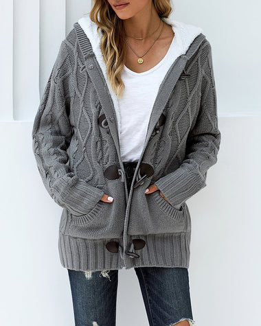 Casual Loose Fitting Fluffy Button Down Knitwear Coatigan Chunky Cable Hooded Cardigan