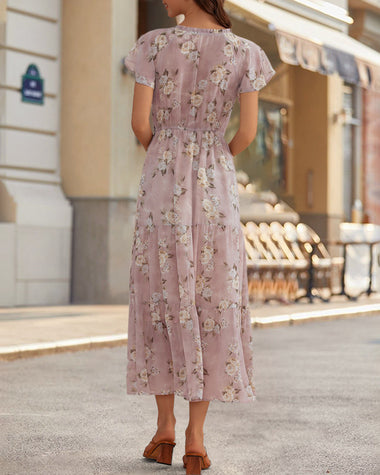 V Neck Short Sleeves Smocked Tiered Mauve Floral Maxi Dress